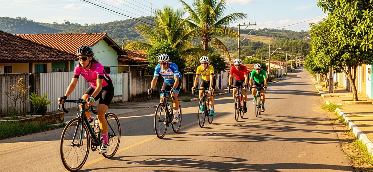 5 ciclistas 2 mulheres tres homens pedalam suas bicicletas esportivas em uma cidade