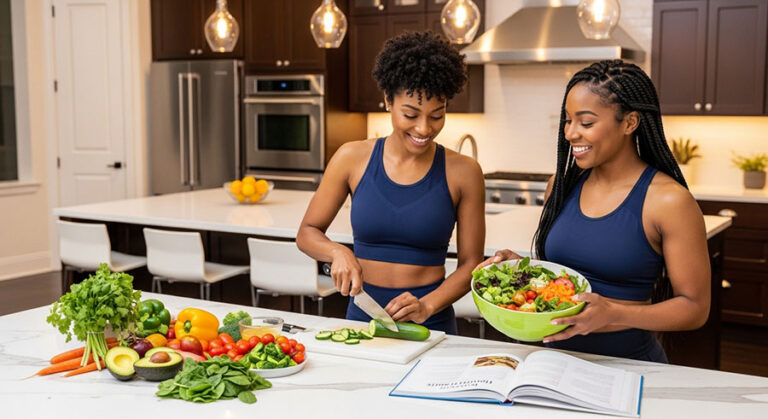 duas mulheres em uma linda cozinha preparam uma refeicao fitness.