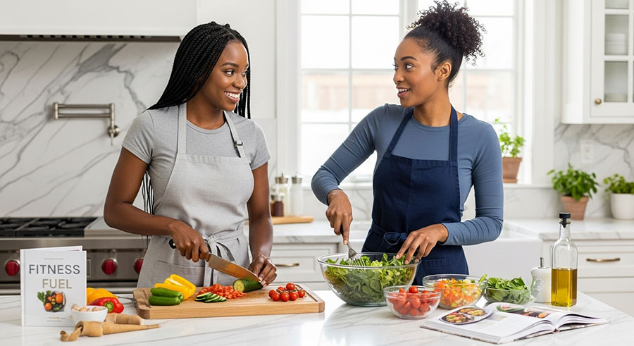 Duas lindas mulheres negras estão em uma elegante cozinha preparando uma receita de refeição fitness, muita salada e verduras