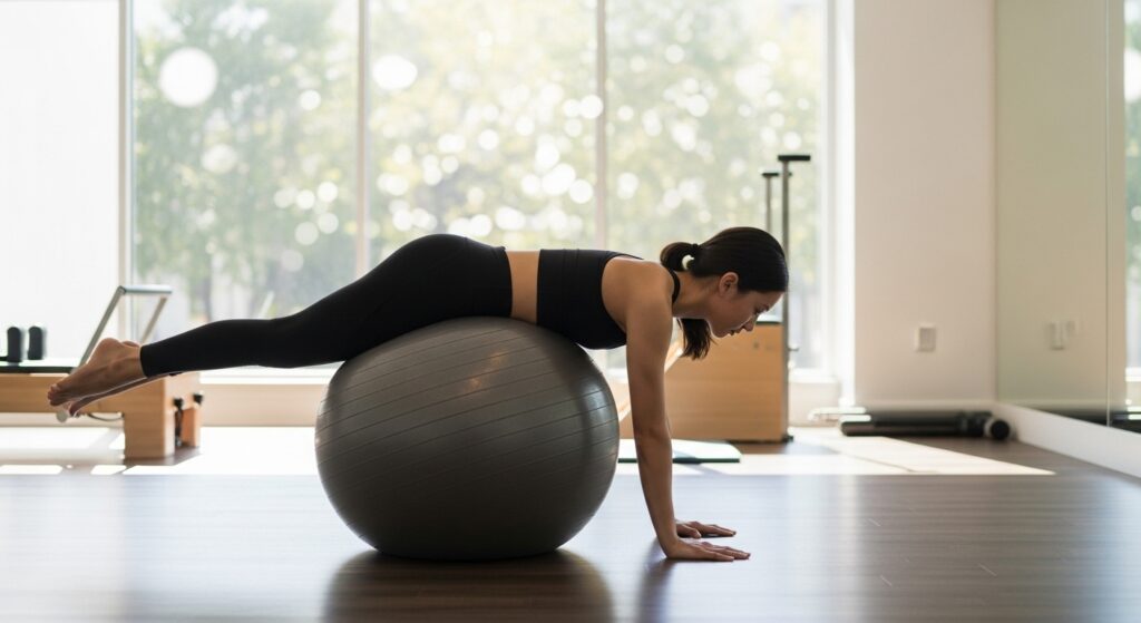 Jovem mulher pratica pilates com bola