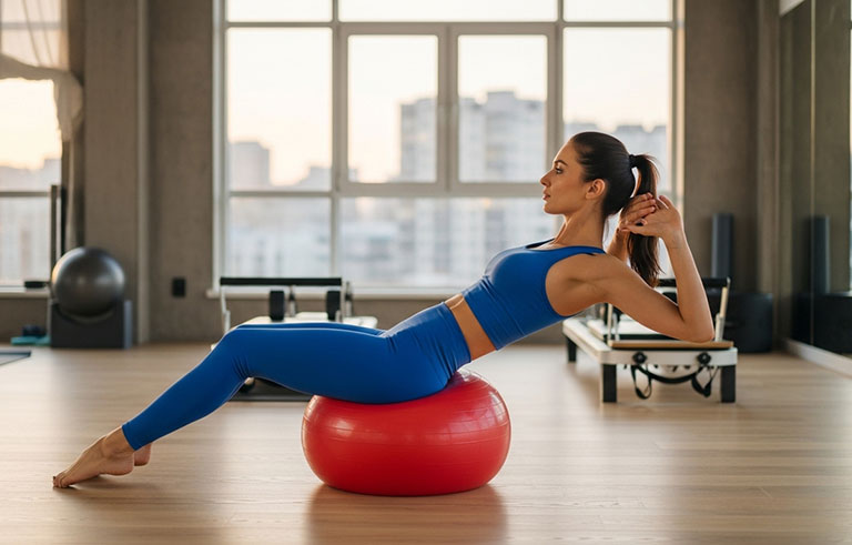 Linda mulher pratica pilates na academia
