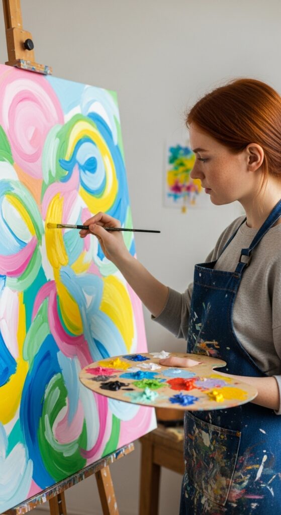 ma jovem pintando um quadro pratica seu hobbie preferido