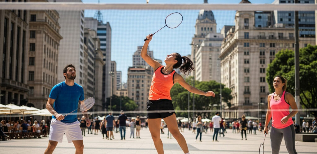 pessoas jogam badminton em uma praca de uma cidade de sao paulo