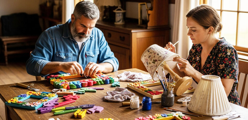 um homem trabalha paciente em um quadro de madeira recortada colorida decorando com flores recortadas ao seu lado uma mulher esta pintando um abaju