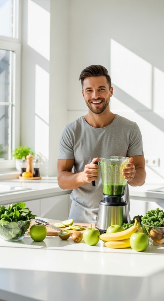 um jovem preparando um suco detox