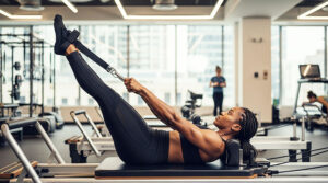 Uma linda mulher negra pratica pilates utilisando os aparelhos de uma grande academia. 