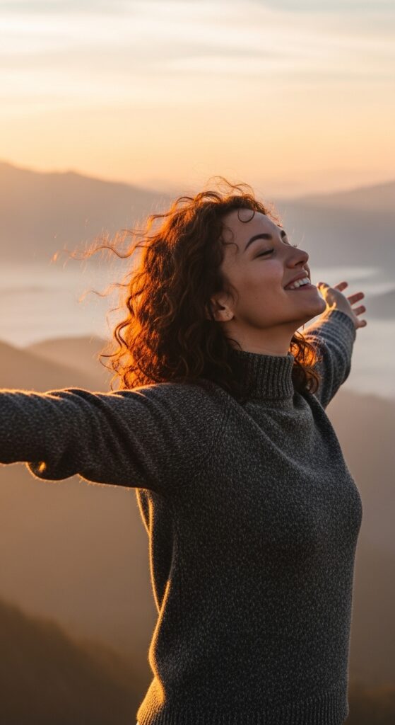 uma mulher abraça a paisagem