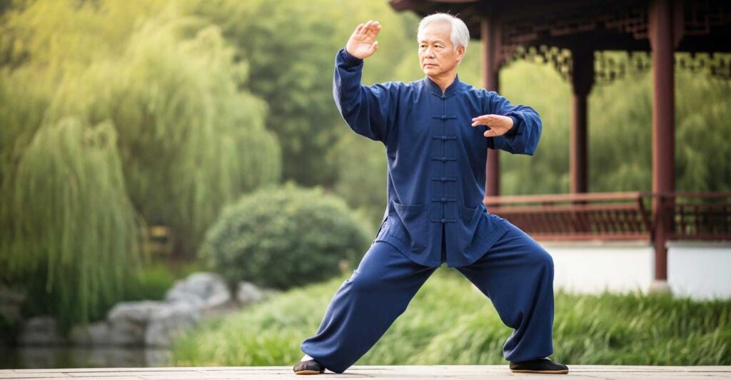 Um homem de 70 anos praticando Tai Chi Chuan corpo inteiro usando as roupas tradicionais