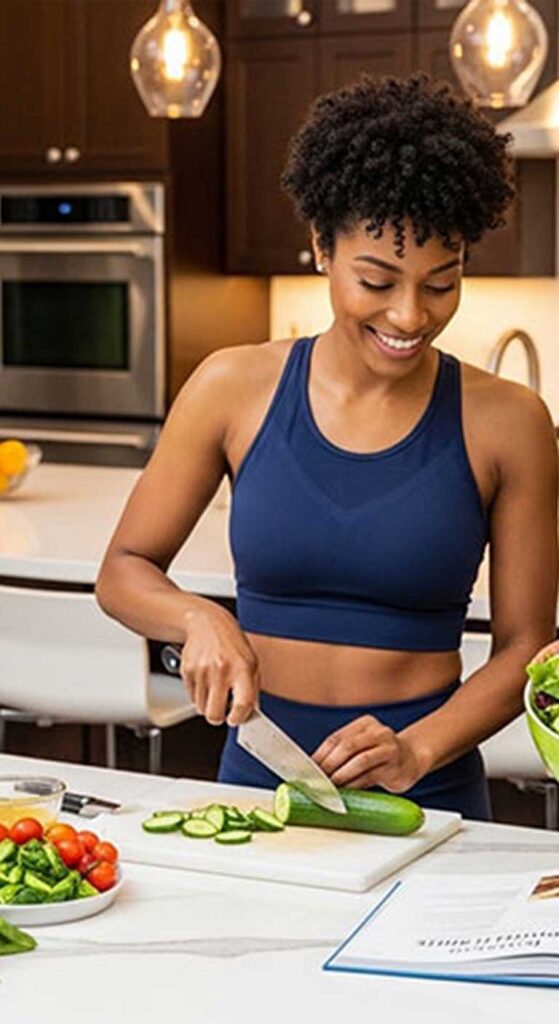 Uma moça nacozinha preparando uma refeiçao saudável Uma moça na cozinha preparando uma refeiçao saudável